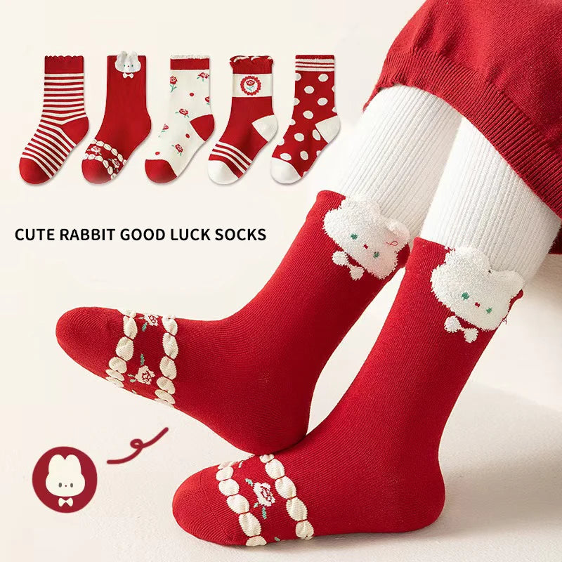 5 Pairs Warm Children Girls Mid-calf Socks Festivial Celebration Red Color Lucky Symbol FLoral Rabbits Comfortable Soft Soks