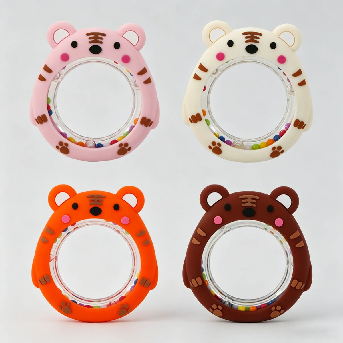 4 Pack Cartoon Tiger Silicone Teething Ring Rattle Reusable BPA Free Food Grade Baby Chew Hand Bell Toy Infant Gum Massage Sensory Toy for Infants