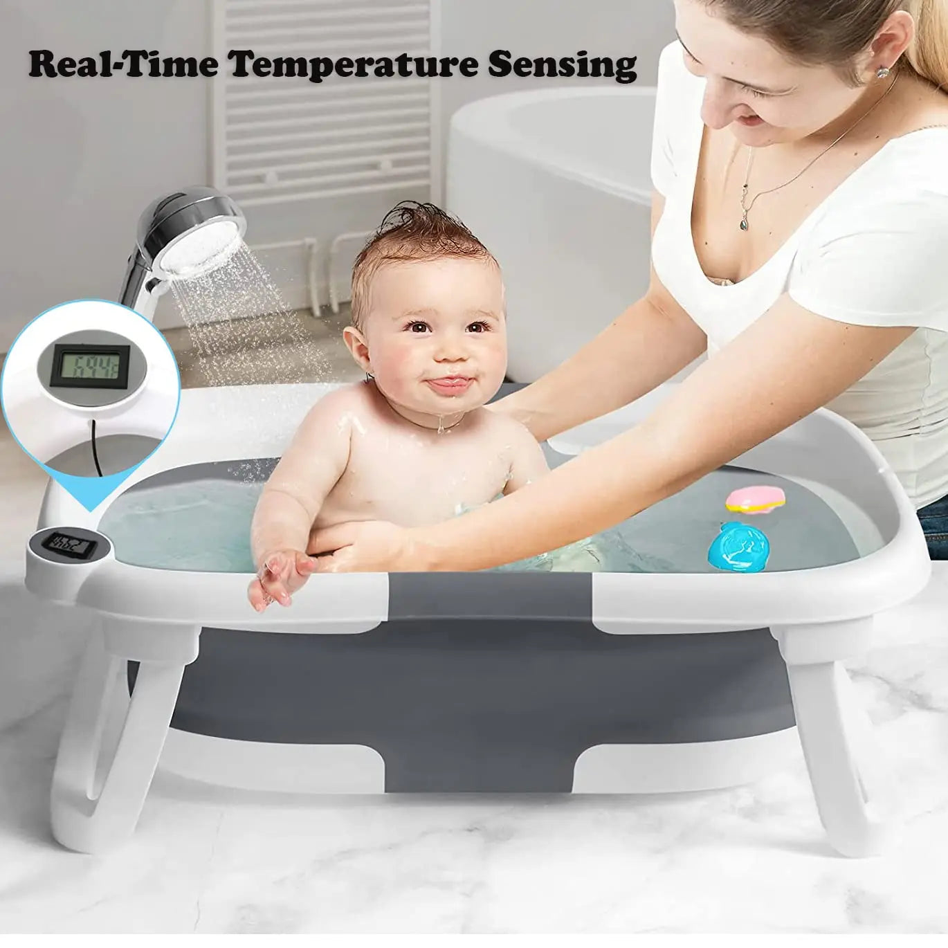 Eco-friendly Baby Bath with Temperature Indicator,Foldable Baby Bathtub for Newborn Baby Bath Tub,Infant Bath Tub with bath mat