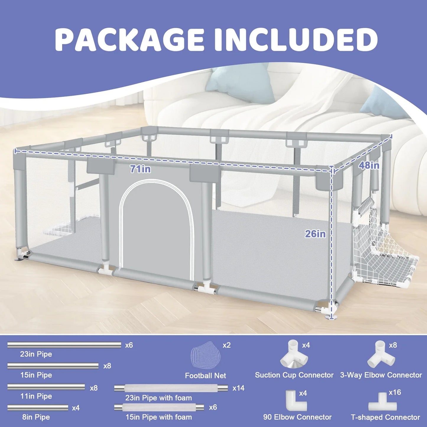 ANGDUO Baby Playpen 71 Inch Large Baby Play Yard With Soft Breathable Mesh Safety Play Fence For Infant And Toddlers Light Grey