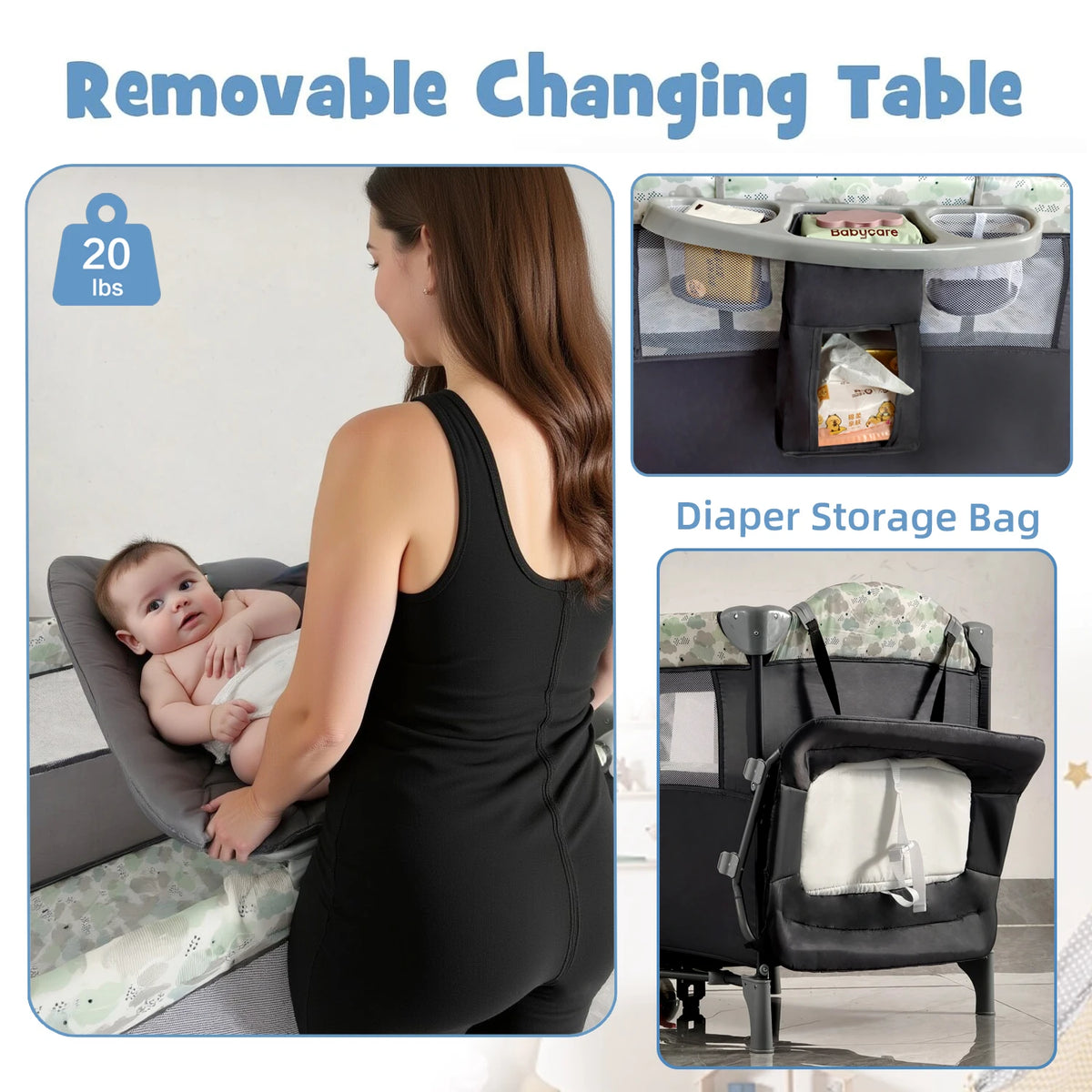 Steanny Pack N Play, Playard with Bassinet, Bedside Pack and Play, Baby Travel Bassinet, Fodle Playpen with Wheels