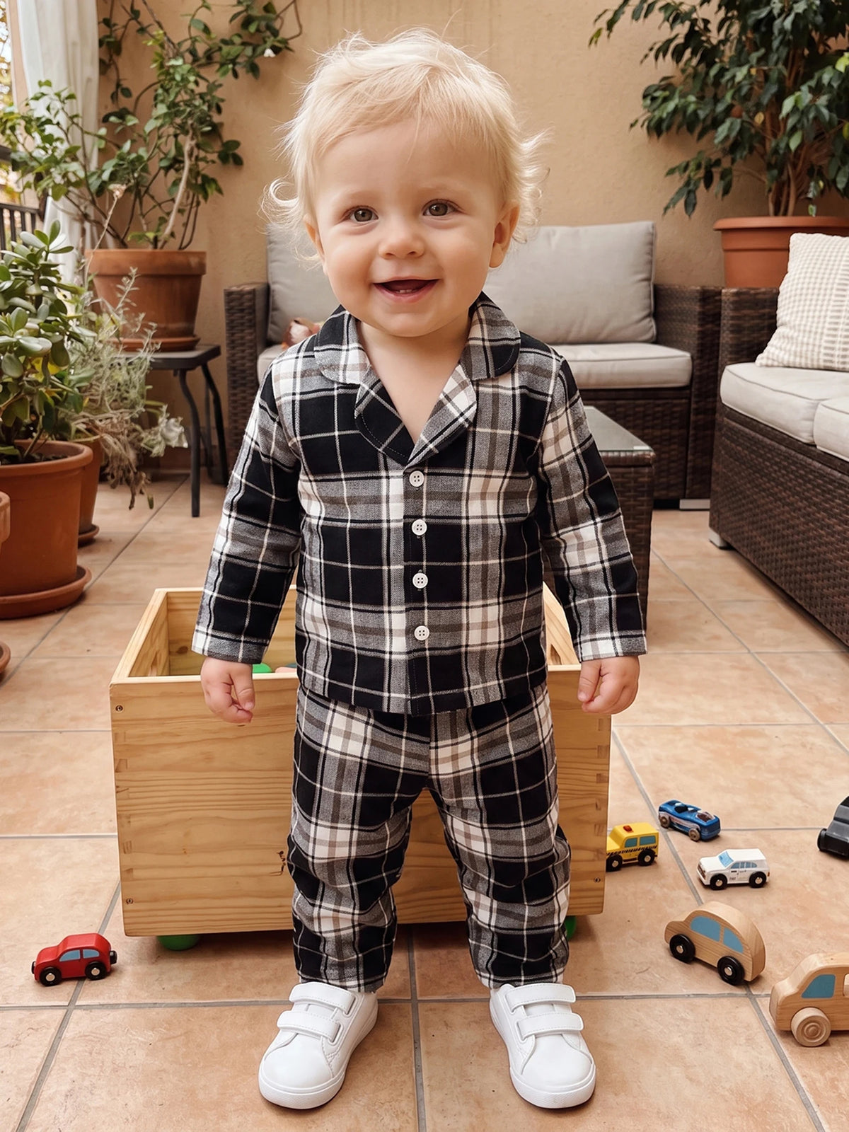 Piece Tops Long Sleeve Button Outfit Plaid Pajamas Pants 2 2 Piece Outfit Compact Kids Plaid Pajamas