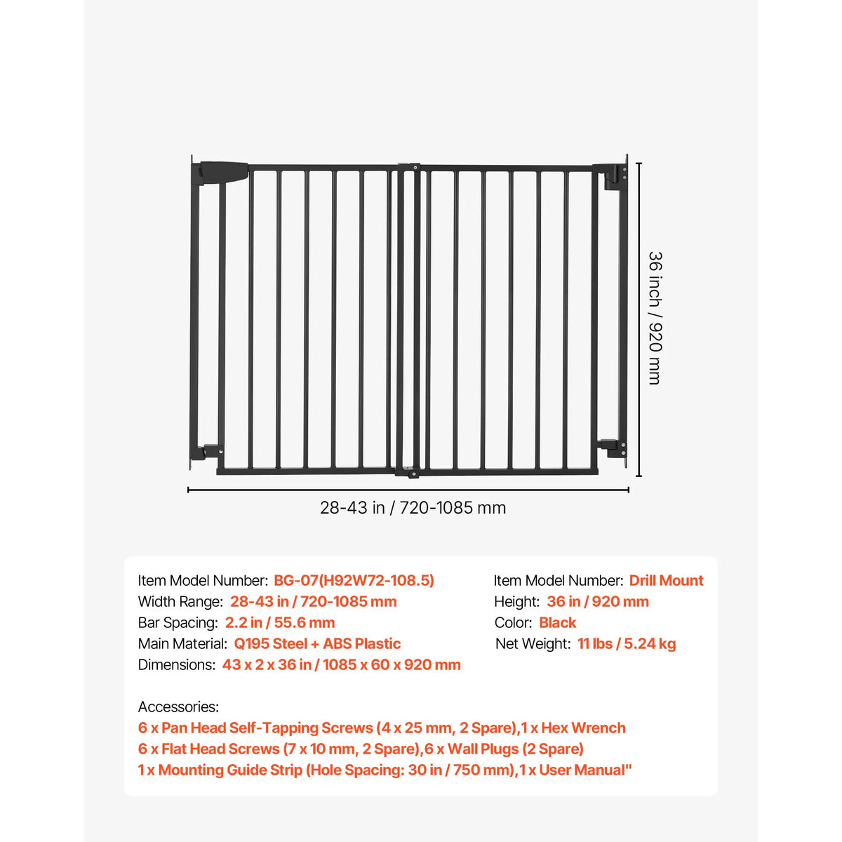 SucceBuy Baby Gate for Stairs Adjustable Width No Bottom Bar One-Handed Operation Easy Drilling Installation with Hardware Kit