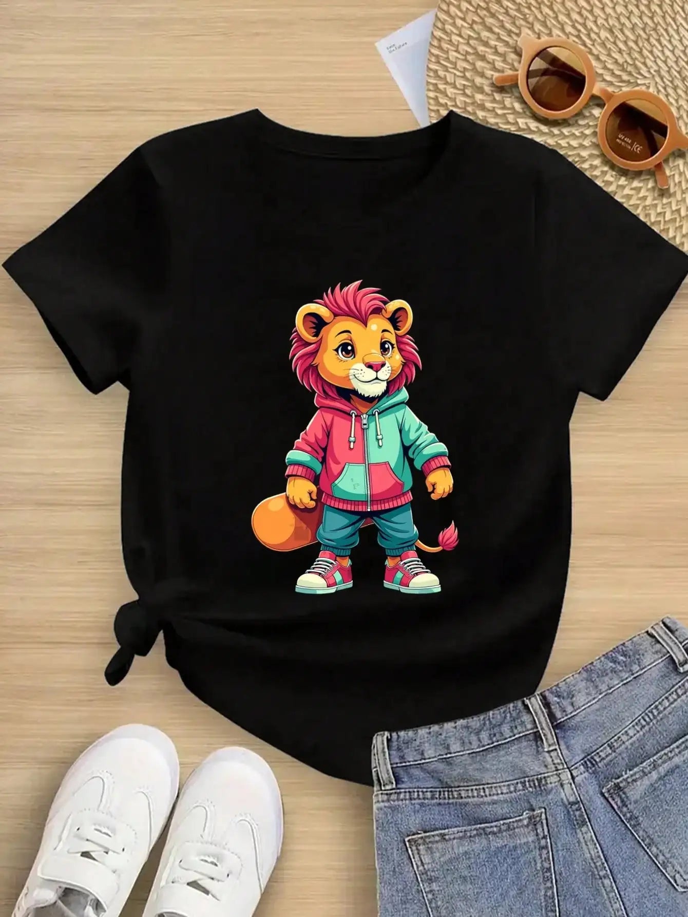 Boys/Girls Summer Cartoon Lion Cotton Graphic Tees, Black Casual Style Summer Tops With Cool Cartoon Lion Design