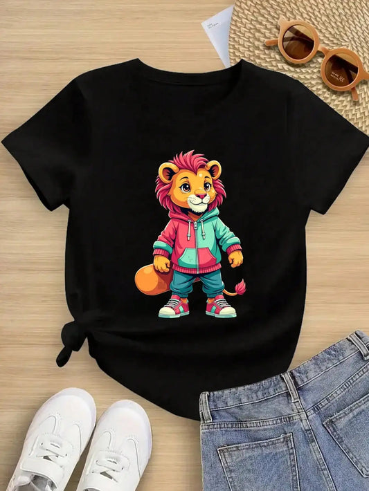 Boys/Girls Summer Cartoon Lion Cotton Graphic Tees, Black Casual Style Summer Tops With Cool Cartoon Lion Design
