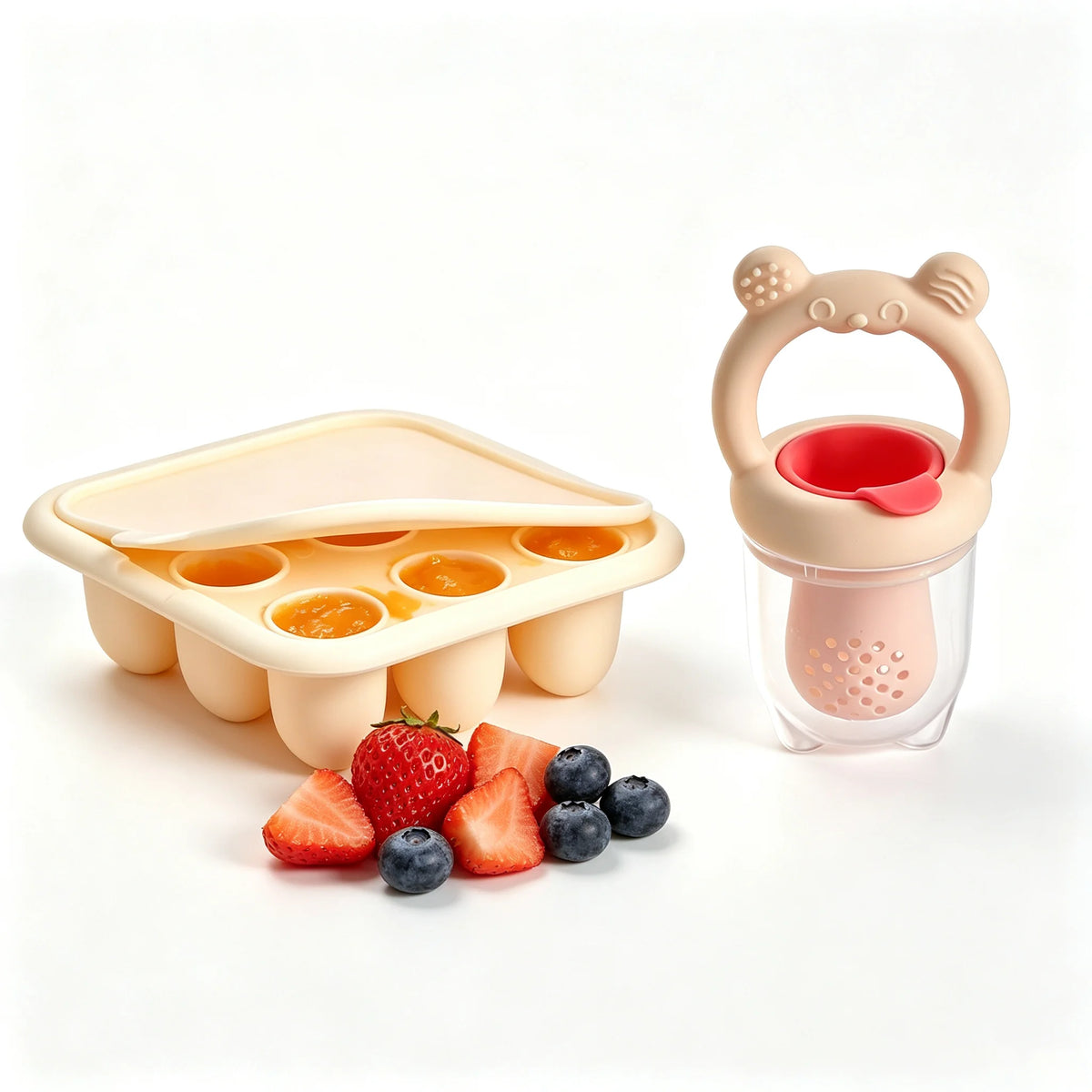 BPA Free Baby Fruit Feeder with Silicone Food Freezer Tray, Food Grade Teething Pacifier Self‑Feeding Set, 3 Colors Optional for Newborn Toddlers