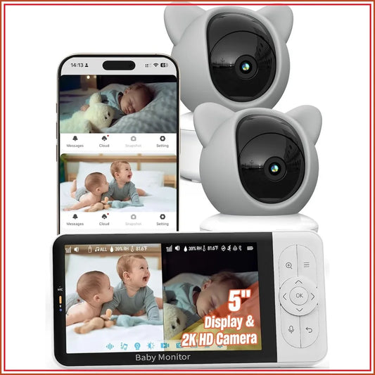 WiFi Baby Monitor with App – 5" HD Monitor & 2K Camera, Night Vision, 2-Way Talk, Motion Tracking, Temp Sensor, Lullabies