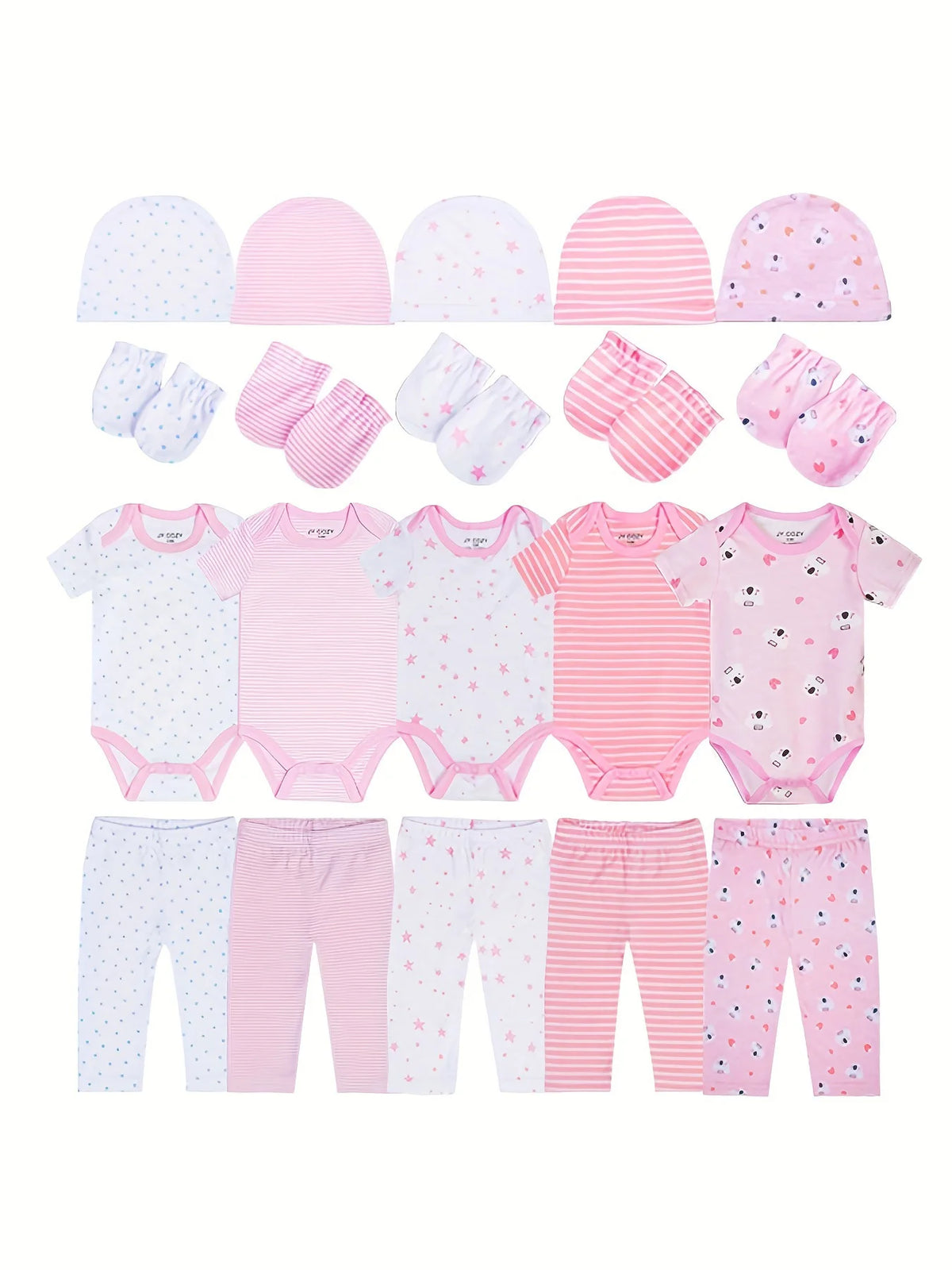 baby girl clothes pink cotton 20 pieces set 5 onesie 5 pants 5 gloves 5 hats newborn romper sets infant outfits soft homewear best gift for new mom