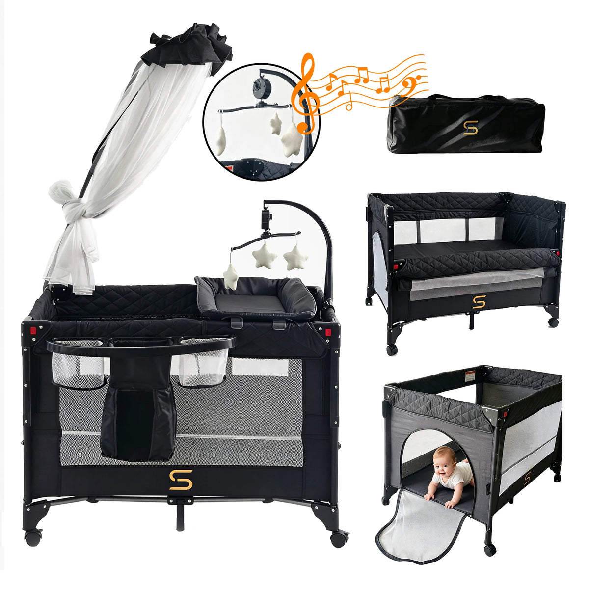 Steanny Pack N Play, All-in-one Playard with Bassinet, Pack and Play, Bedside Sleeper Foldable Travel Cribs with 4 Wheels, Changing Table, Mosquito Net, Toys Bars with Music, Unisex Playpen Combo Bassinet