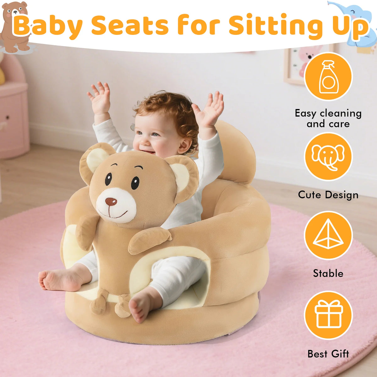 Baby Floor Seat, Animal Shaped Plush Infant Learning Sofa Chair, Anti-Slip Support Seat for Baby Learning to Sit Up, Great Gift for Newborn Boys Girls