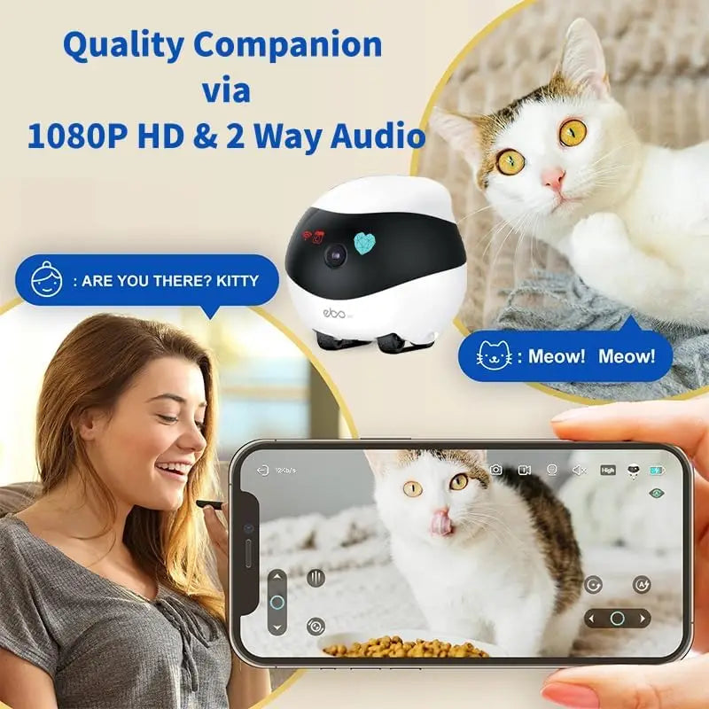 Pet Robot Camera with Two-Way Audio and Night Vision, App-Controlled Indoor Security Camera, Movable Cam for Dogs, Cats, and Babies, Supports SD Card Storage