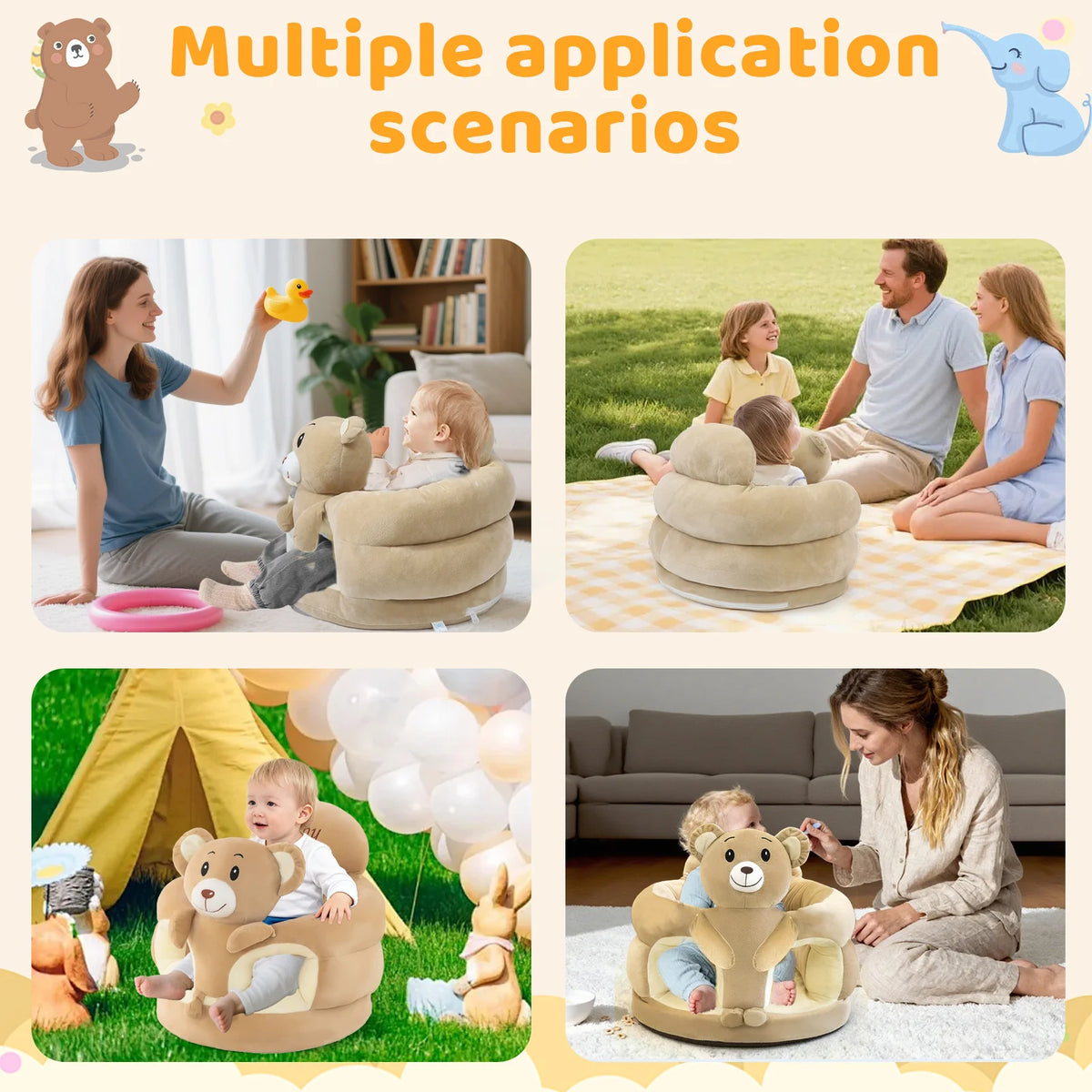 Baby Floor Seat, Animal Shaped Plush Infant Learning Sofa Chair, Anti-Slip Support Seat for Baby Learning to Sit Up, Great Gift for Newborn Boys Girls