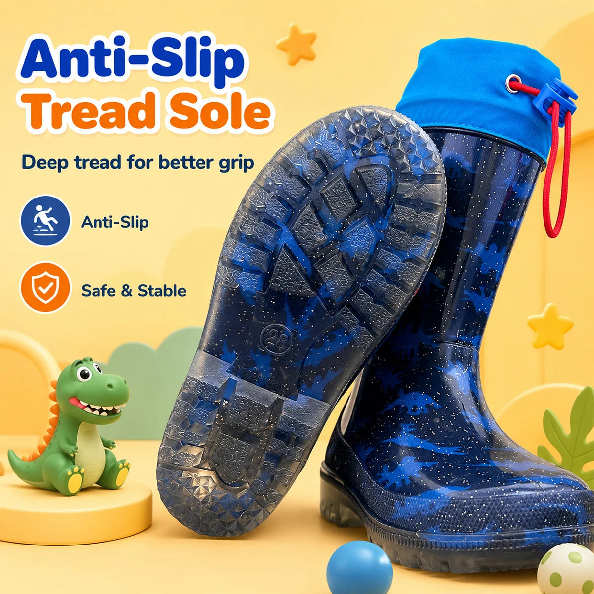 Kids Dinosaur Glitter Rain Boots Drawstring Waterproof Anti-slip Comfort Flexible Boys Outdoor Rain Wellies