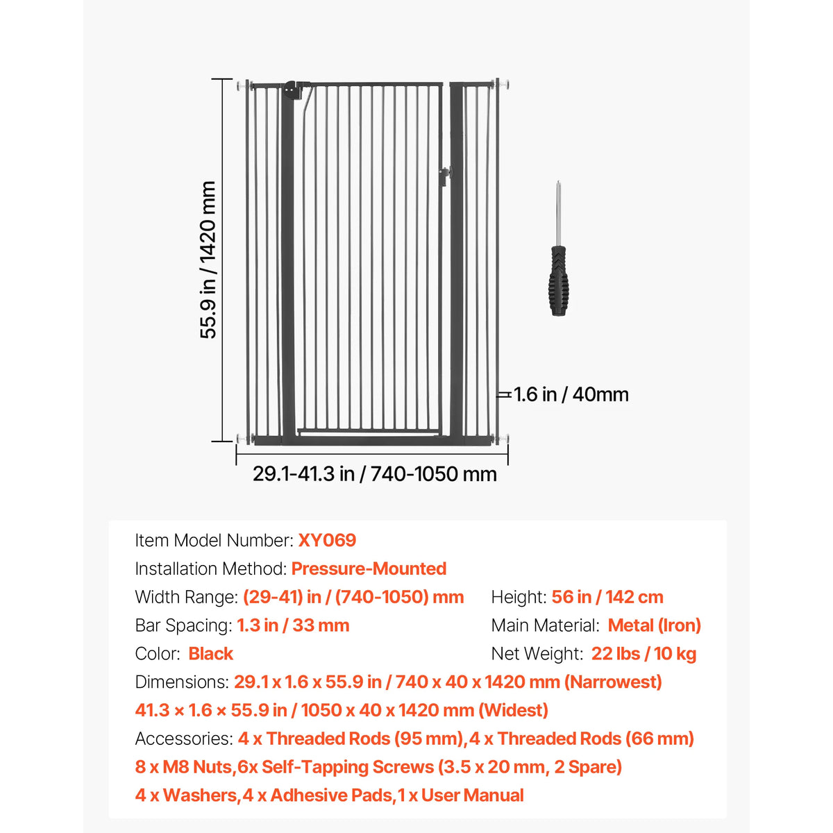 SucceBuy Baby Gate for Stairs Adjustable Width No Bottom Bar One-Handed Operation Easy Drilling Installation with Hardware Kit