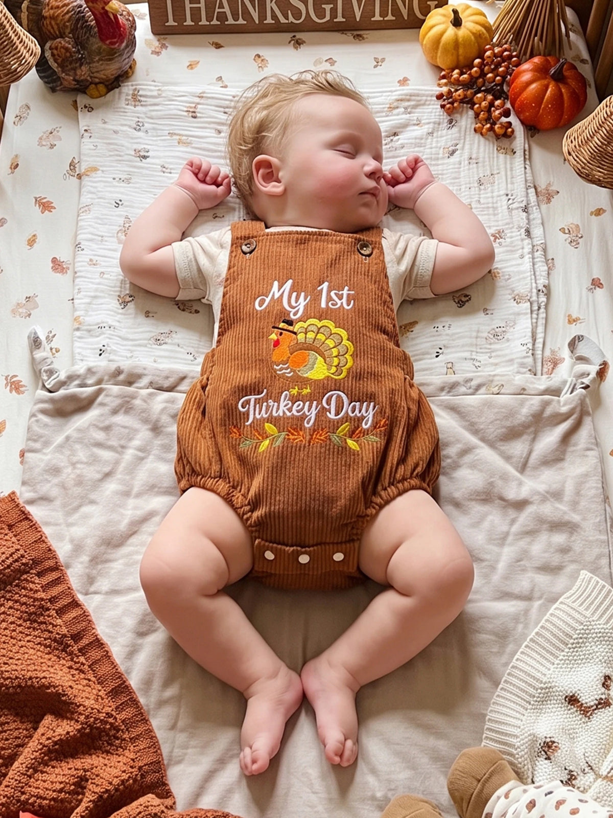 Baby Thanksgiving Romper Sleeveless Bodysuit Thanksgiving-Romper Turkey Overalls Turkey Overalls Premium