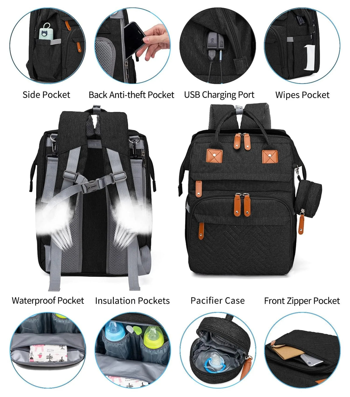 Diaper Bag Folding Bed, Multi-purpose Changing Bag with Carrier And Insulated Bottle Pocket, Diaper Backpack for Boys And Girls, Gift for Mom And Dad