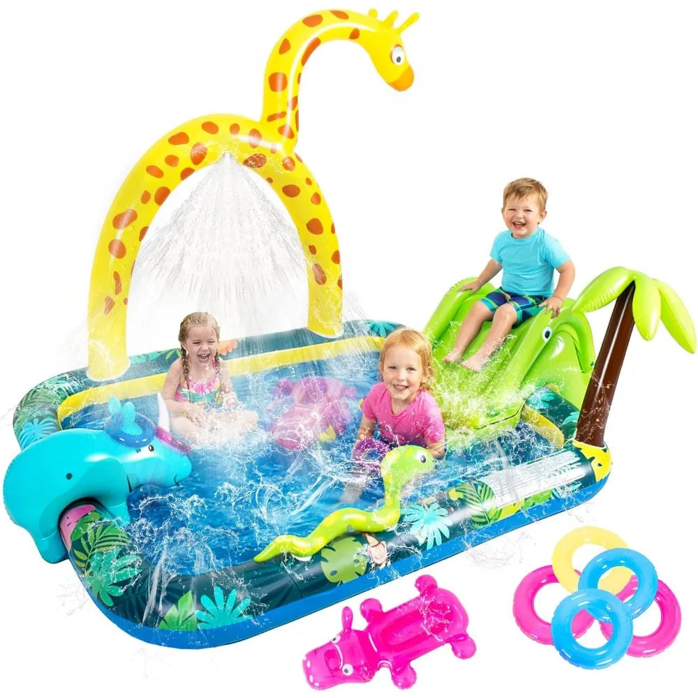 Inflatable Jungle Animal Play Center with Water Park and Slide for Summer Outdoor Fun