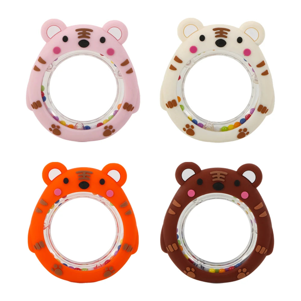 4 Pack Cartoon Tiger Silicone Teething Ring Rattle Reusable BPA Free Food Grade Baby Chew Hand Bell Toy Infant Gum Massage Sensory Toy for Infants