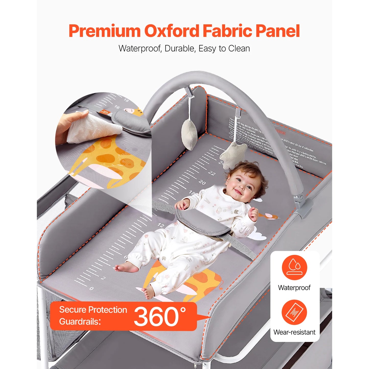 SucceBuy Baby Changing Table Foldable Diaper Change Station with 2 Fabric Drawers Side Basket & Hanging Rod Adjustable Height