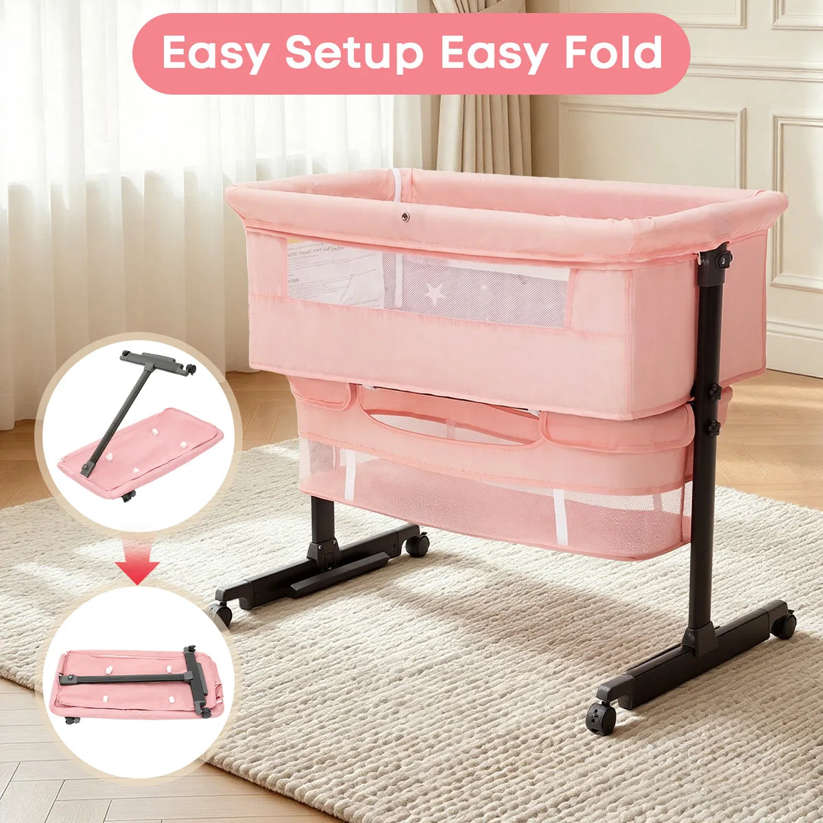 Kmaier Pink Portable Newborn Baby Cot 3 Adjustable Modes, Multifunctional Bedside Sleeper Bassinet, Convertible Cradle