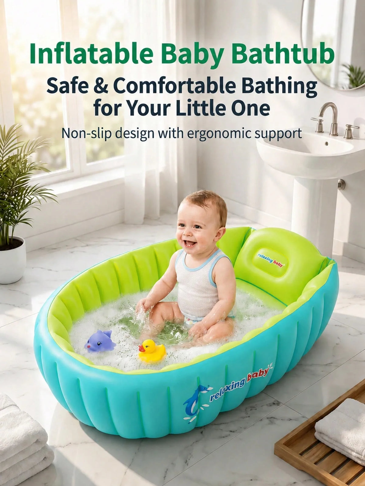 Cute Dolphin Inflatable Non Slip Cushion Support Portable Foldable Baby Bathtub For Toddler Newborn Travel Outdoor Bath Basin With Pump