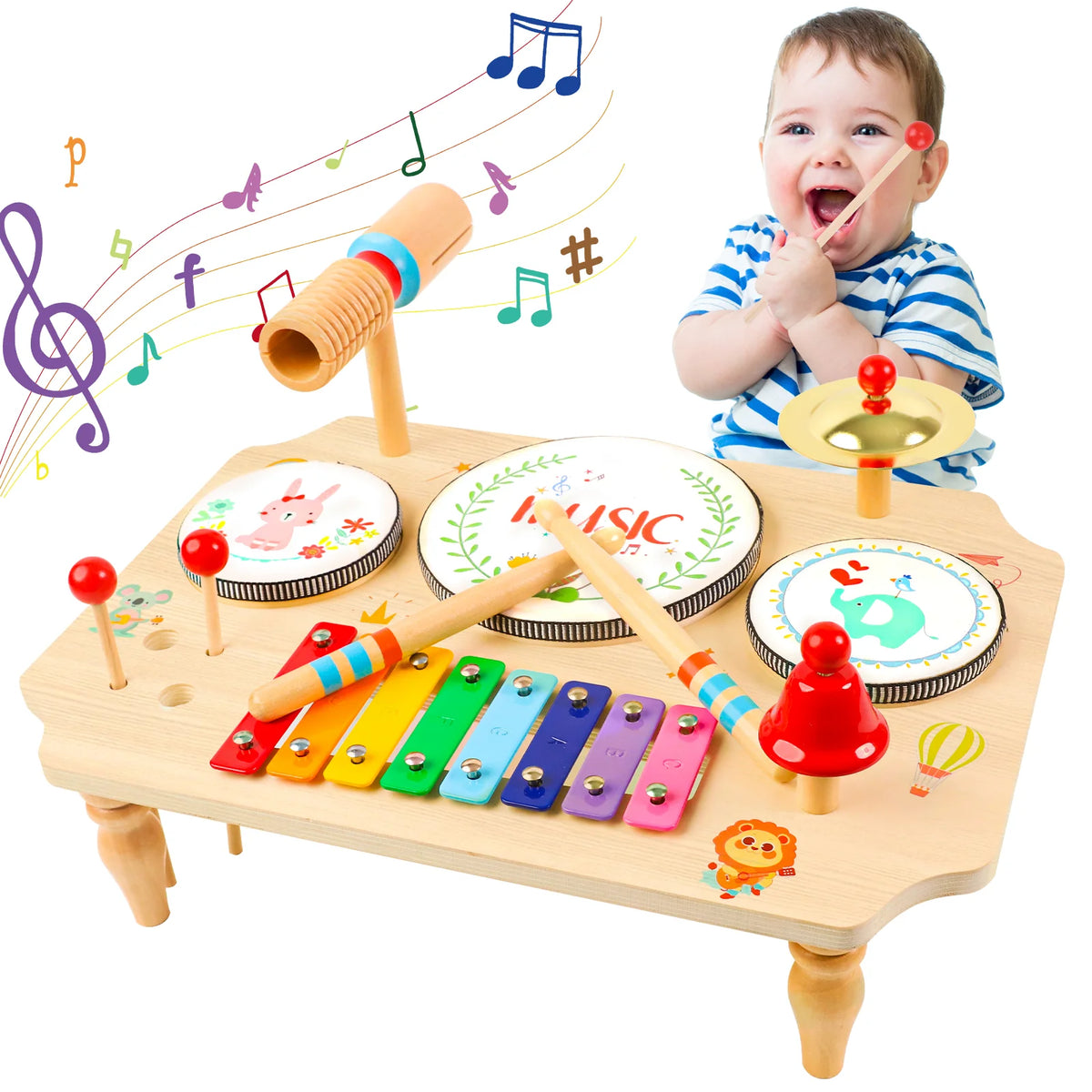 Multifunctional 10 in 1 Wooden Toddler Music Table Xylophone Drum Bell Cymbal Percussion Instrument Set Montessori Educational Baby Musical Toy Birthday Gift