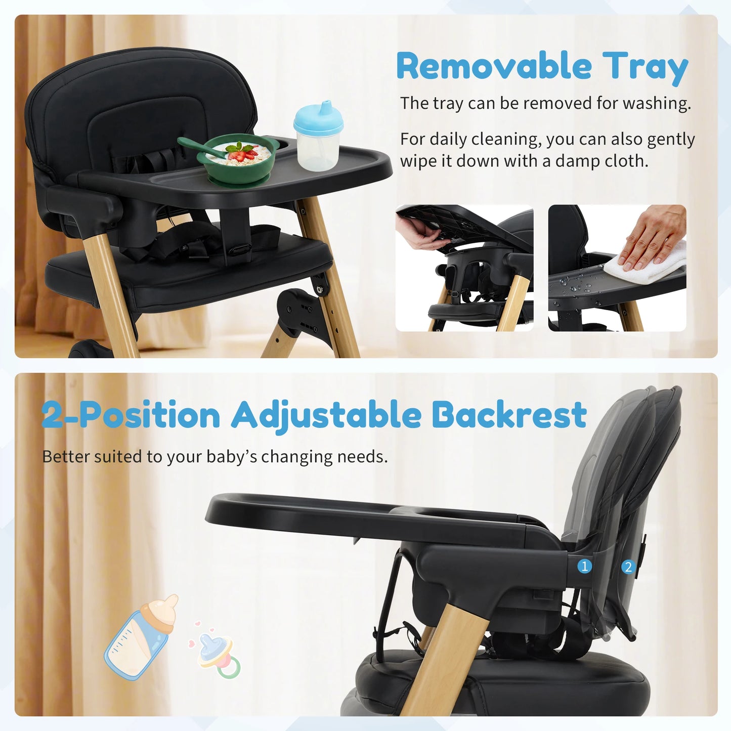 Baby High Chair for Babies Toddlers, Foldable Portable Highchair, Toddler Feeding Seat, Easy Clean Waterproof Cushion, Removable Tray, Adjustable Footrest, Black Wood Grain Legs
