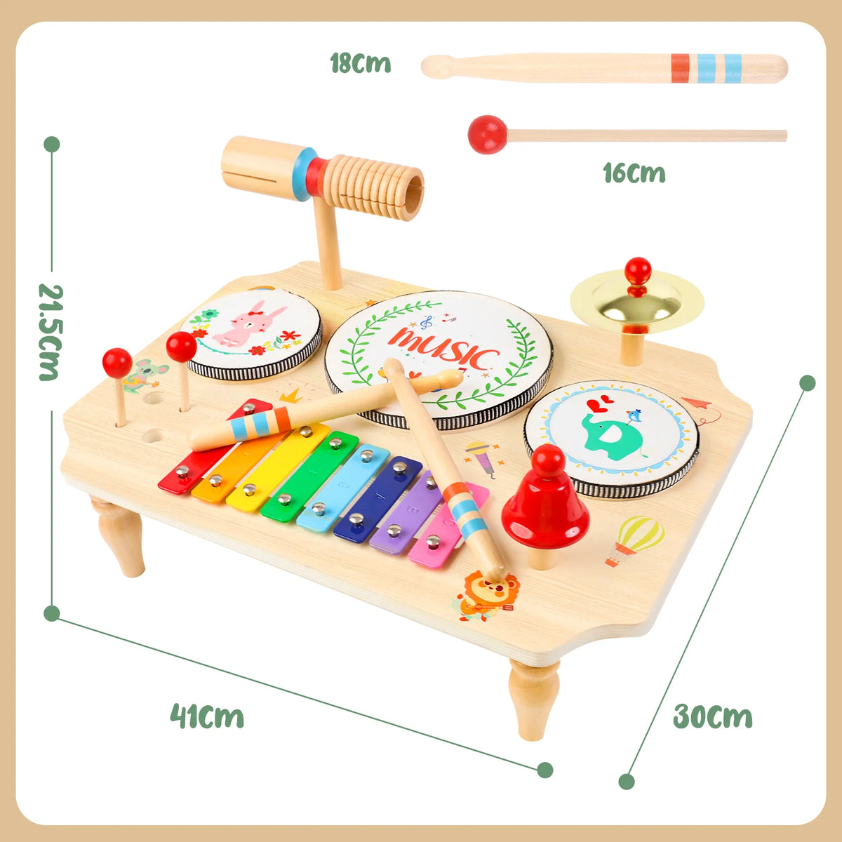 Multifunctional 10 in 1 Wooden Toddler Music Table Xylophone Drum Bell Cymbal Percussion Instrument Set Montessori Educational Baby Musical Toy Birthday Gift