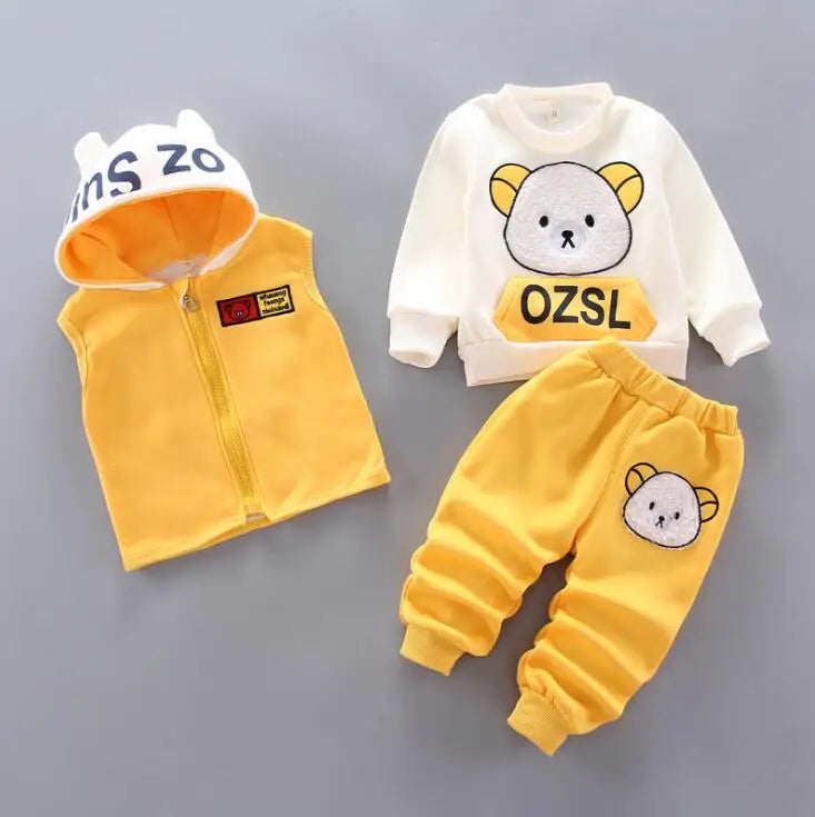 3PCS Baby Boys & Girls Clothing Set – Thicken Fleece Toddler Outfits with Hooded Outerwear, Tops & Pants (Warm Costume Suit)