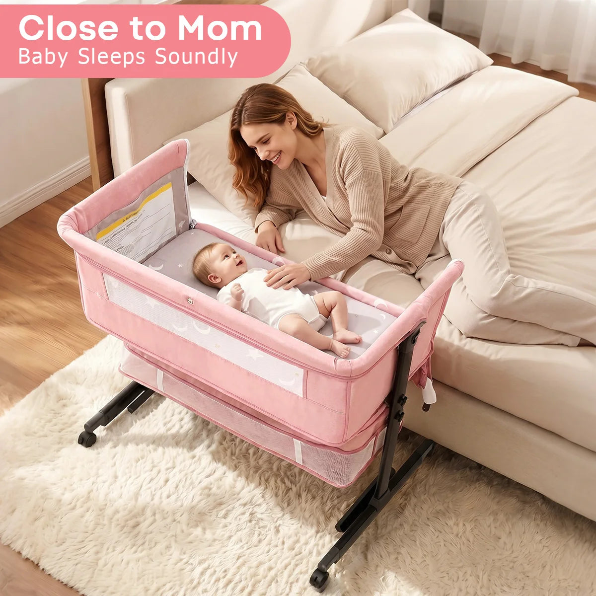 Kmaier Pink Portable Newborn Baby Cot 3 Adjustable Modes, Multifunctional Bedside Sleeper Bassinet, Convertible Cradle