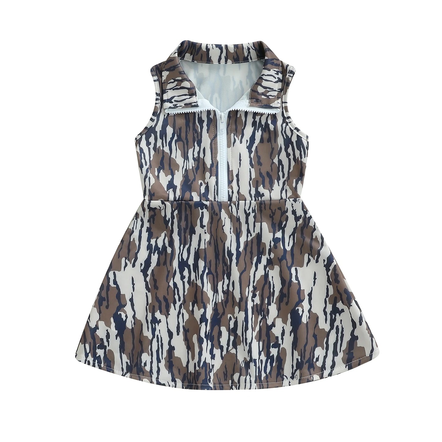 Toddler Boy Camo Print Sleeveless Collared Dress with Half Zip-up A-line Design Casual Summer Outfit for Kids