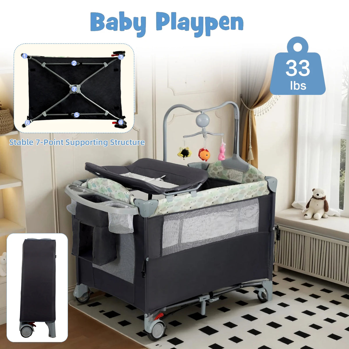Steanny Pack N Play, Playard with Bassinet, Bedside Pack and Play, Baby Travel Bassinet, Fodle Playpen with Wheels