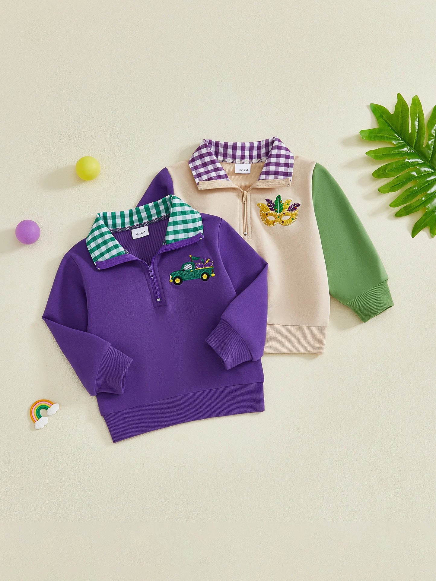 Adorable Infant Boys Stylish MardiGras Face Mask Embroidered Collared Shirt with Long Sleeves - Trendy Pullover