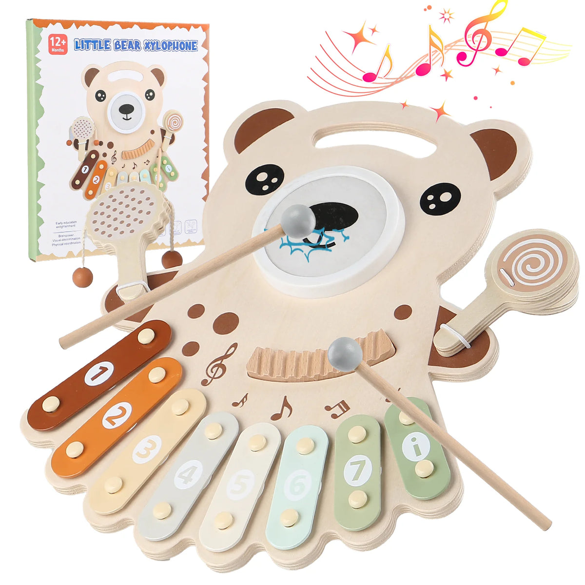 Multifunctional Wooden Toddler Musical Table Xylophone Drum Bell Maraca Set Kids Educational Percussion Instrument Toy for Baby Gift