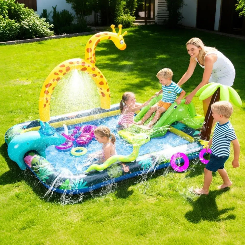 Inflatable Jungle Animal Play Center with Water Park and Slide for Summer Outdoor Fun