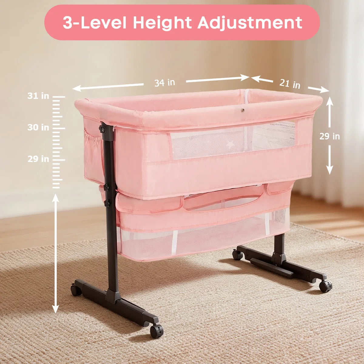 Kmaier Pink Portable Newborn Baby Cot 3 Adjustable Modes, Multifunctional Bedside Sleeper Bassinet, Convertible Cradle