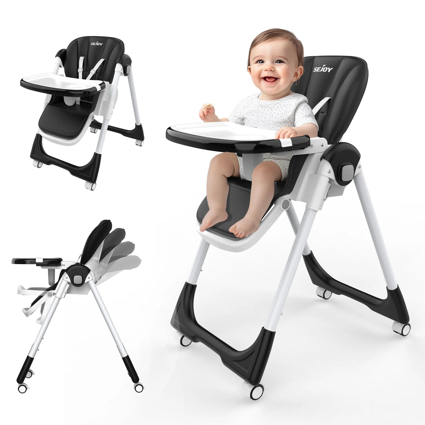 Sejoy Baby High Chair Adjustable with 5-Point Harness 3-Tier Tray & Wheels CE/CPC Certified Children's Dining Chair