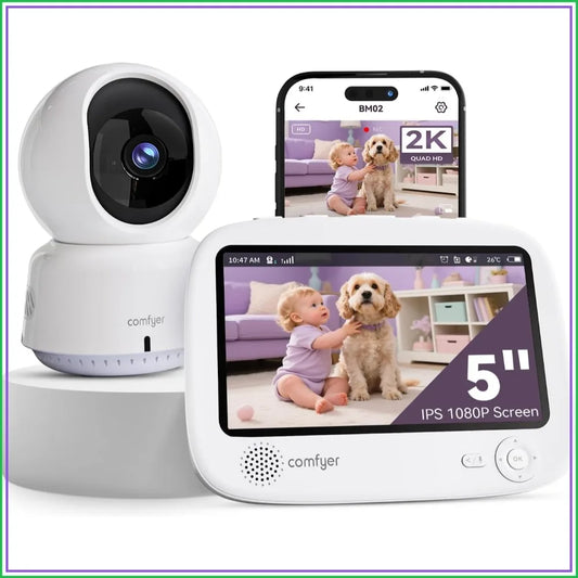 5" 1080P Split Screen & 2K Camera Baby Monitor - WiFi & No WiFi, Motion Alerts, Sound Detection, HD Night Vision, 5050mAh Battery, 1600ft Range