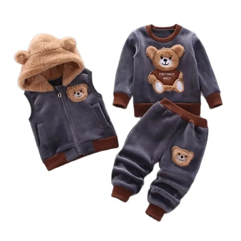3PCS Baby Boys & Girls Clothing Set – Thicken Fleece Toddler Outfits with Hooded Outerwear, Tops & Pants (Warm Costume Suit)