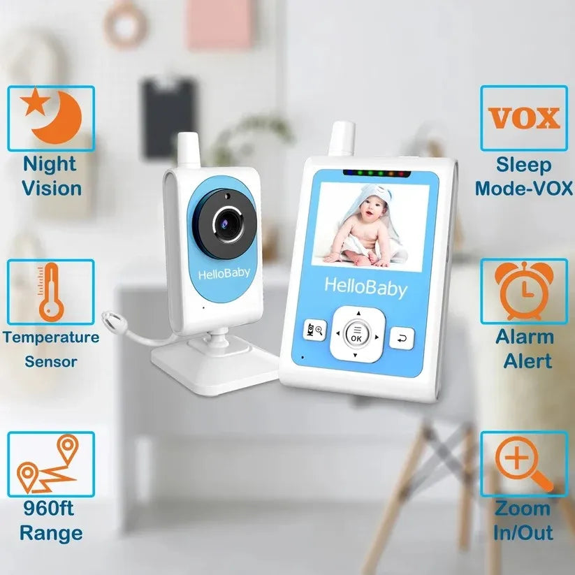 HelloBaby  Video Baby Monitor with Camera and Audio Infrared Night Vision, Two-Way Audio ,Lullaby,Sound Activated Screen