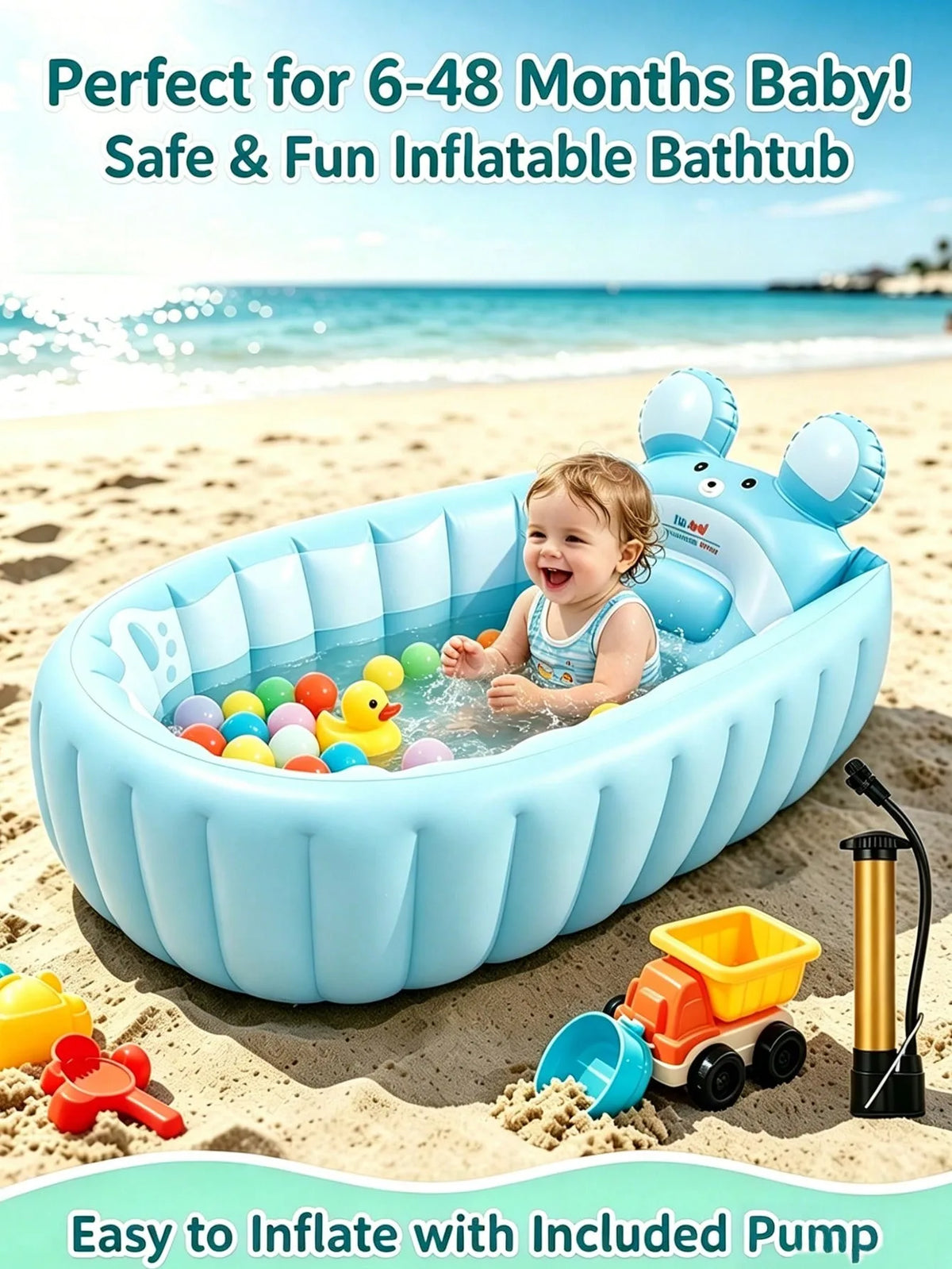 Foldable Inflatable Baby Bathtub, Non Slip Blow Up Baby Bath Basin & Toddler Play Pool, Portable Travel Essential For Kids Aged 6-48 Months