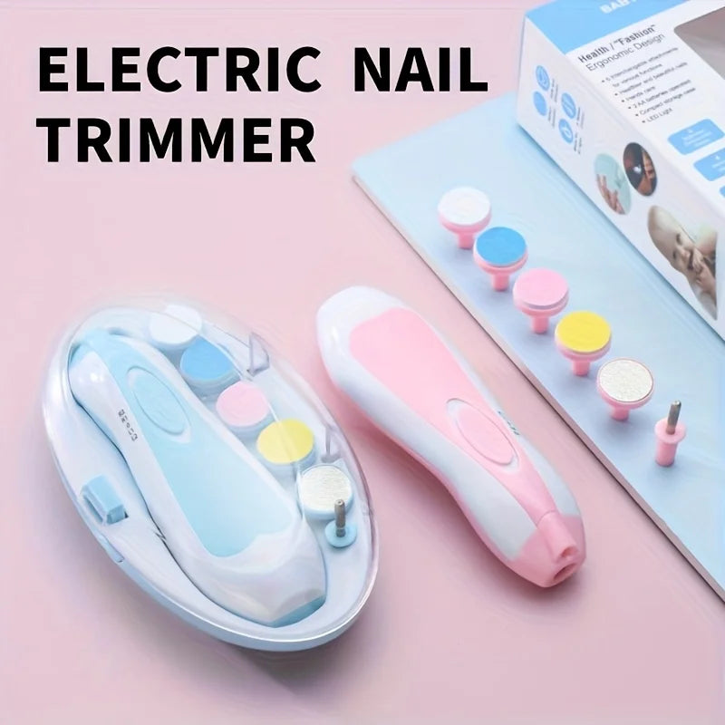 7-in-1 Baby Electrical Nail Trimmer with Portable Case, Safe Nail Clipper Set with 5 Extra Grinding Heads and LED Light, Newborn Nail Polishing Tool Set, Grooming Kit, Suitable for Adults Also-Put in 2-AA Batteries Before Use