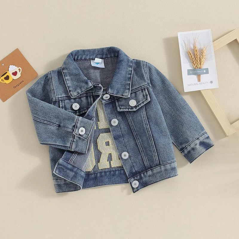 2023-11-17 Lioraitiin Toddler Baby Boys Denim Jacket Letter Embroidery Button-Down Jeans Jacket Turn-Down Collar Coat Outerwear