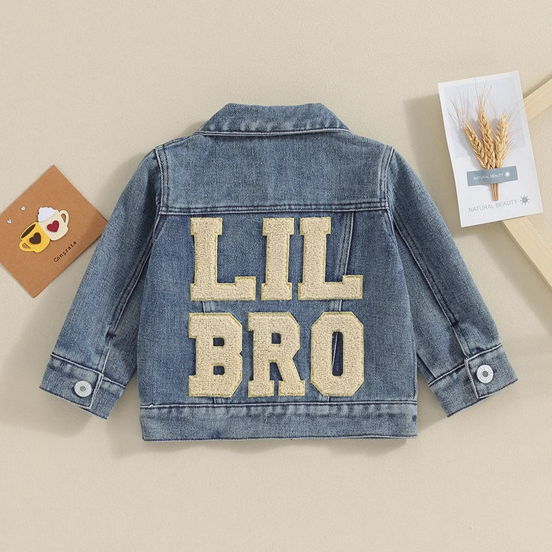 2023-11-17 Lioraitiin Toddler Baby Boys Denim Jacket Letter Embroidery Button-Down Jeans Jacket Turn-Down Collar Coat Outerwear