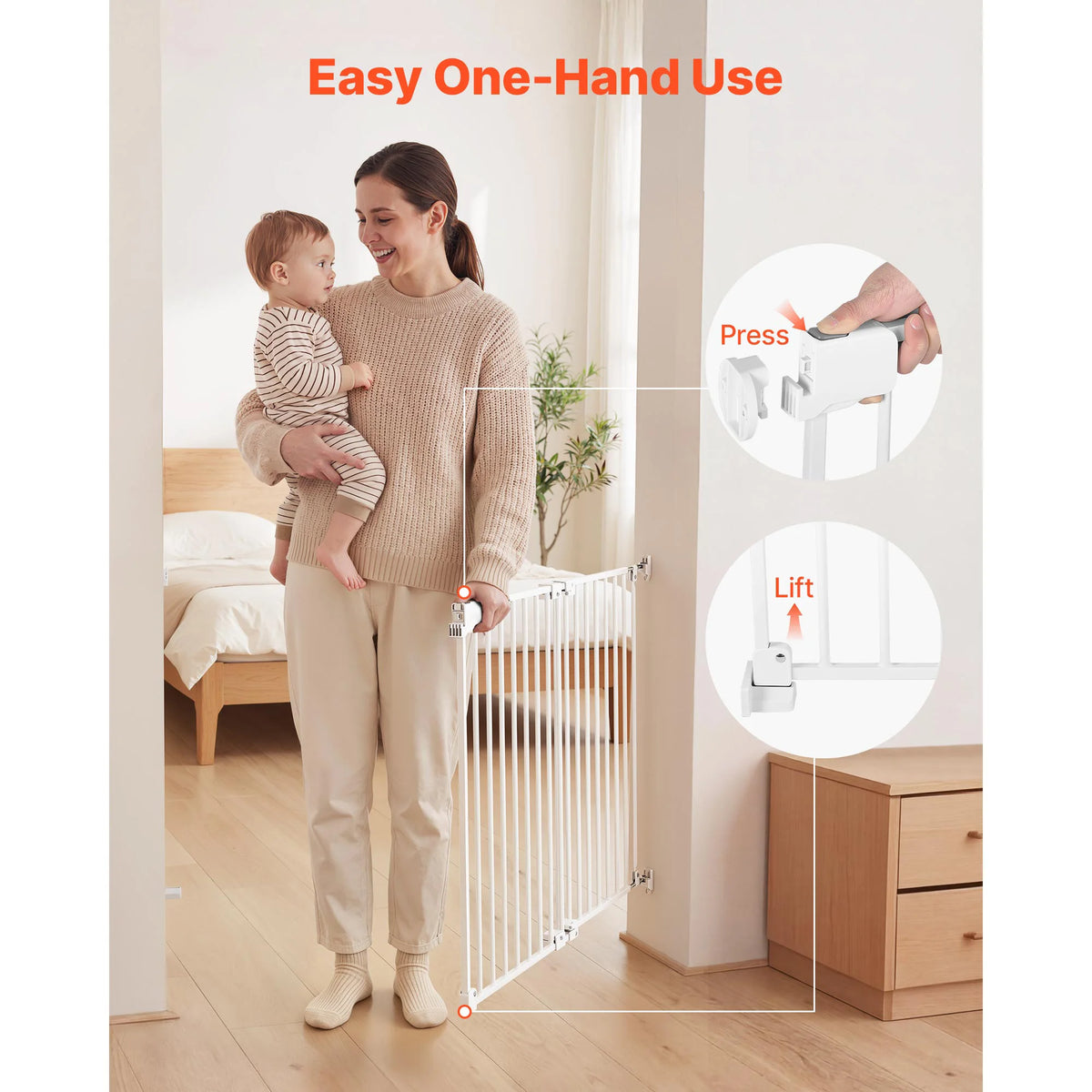 SucceBuy Baby Gate for Stairs Adjustable Width No Bottom Bar One-Handed Operation Easy Drilling Installation with Hardware Kit