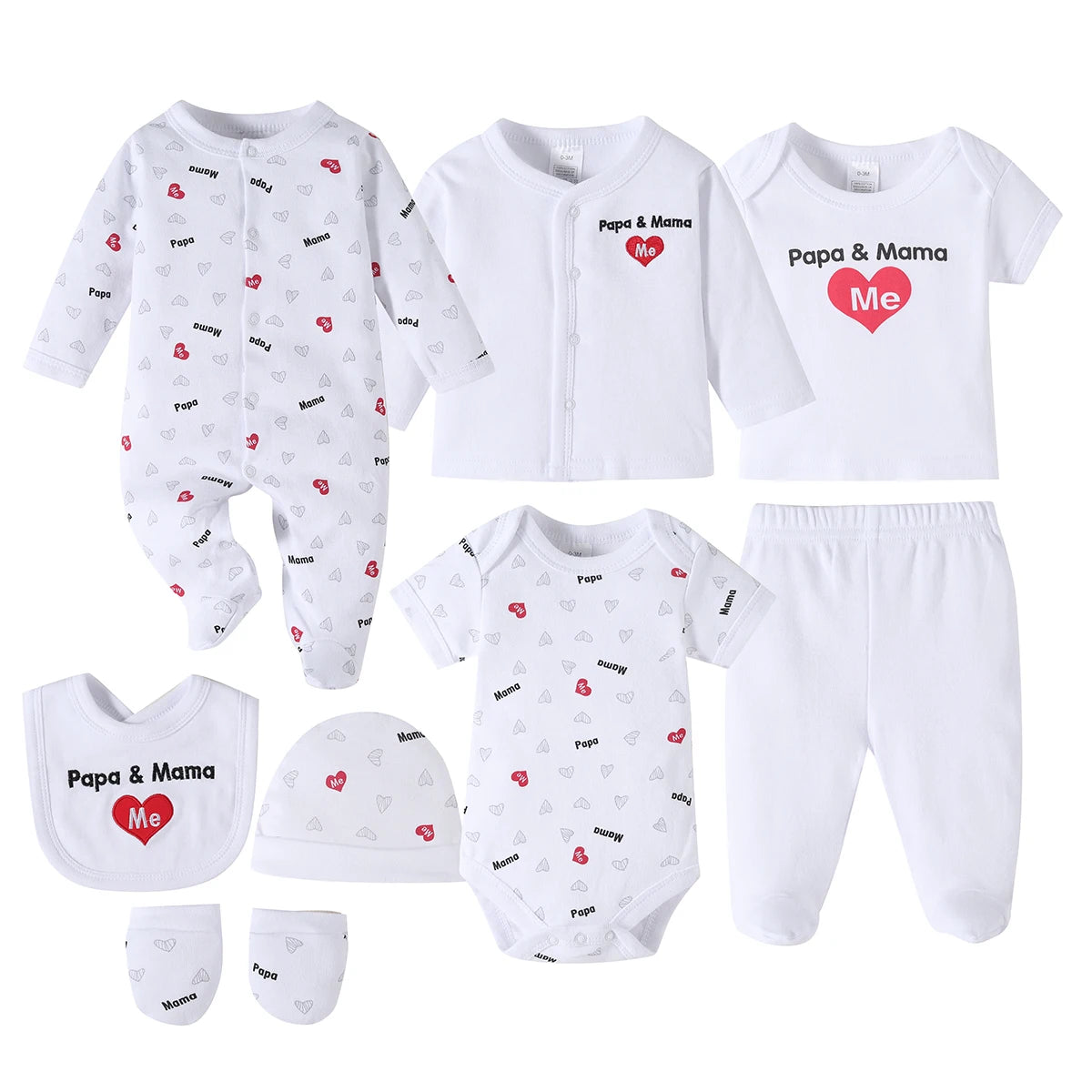 This 8pcs Soft Spring And Summer Set Is Suitable For Boys' And Girls' Clothing And Accessories With Heart Letters And Floral Patterns, Including Trousers, Hats, Bibs, Socks, Pants, Jackets And Tops, And Is Ideal For Outdoor H