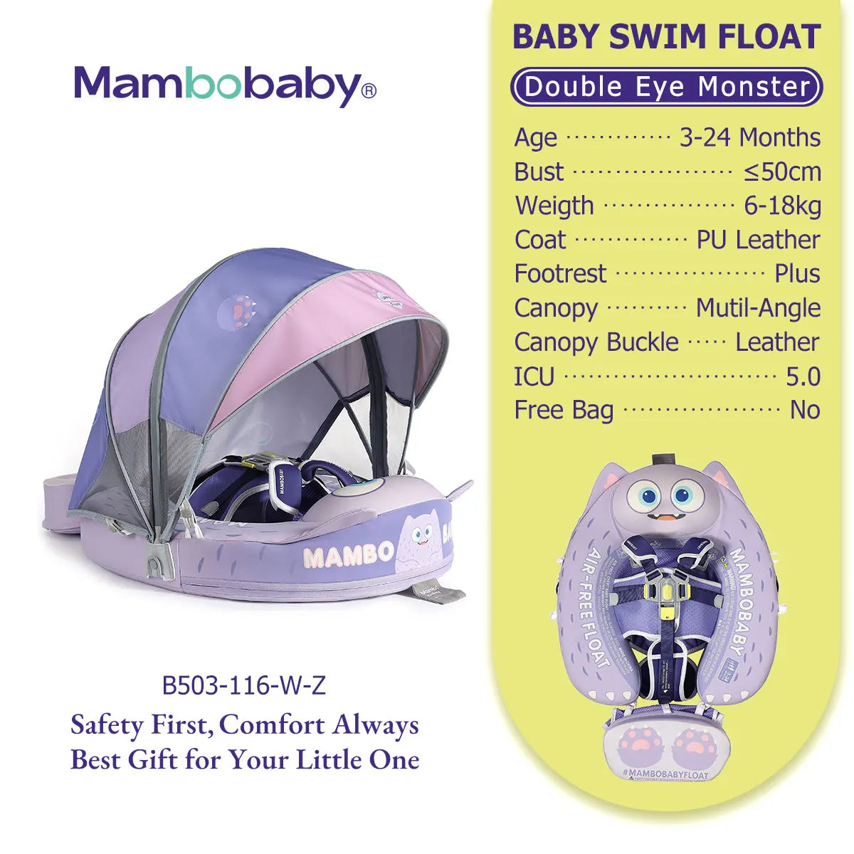 Mambobaby Float Safe Solid Core ST-Unicorn B503-143-W-Z Comfort Always: Skin-friendly Coat Baby Swimming Ring Toddler Pool Float