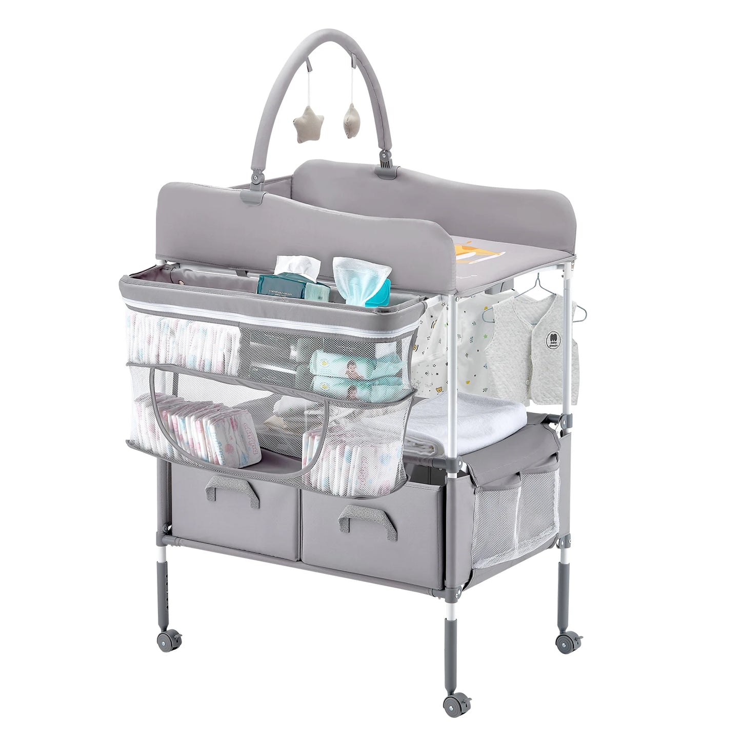 SucceBuy Baby Changing Table Foldable Diaper Change Station with 2 Fabric Drawers Side Basket & Hanging Rod Adjustable Height