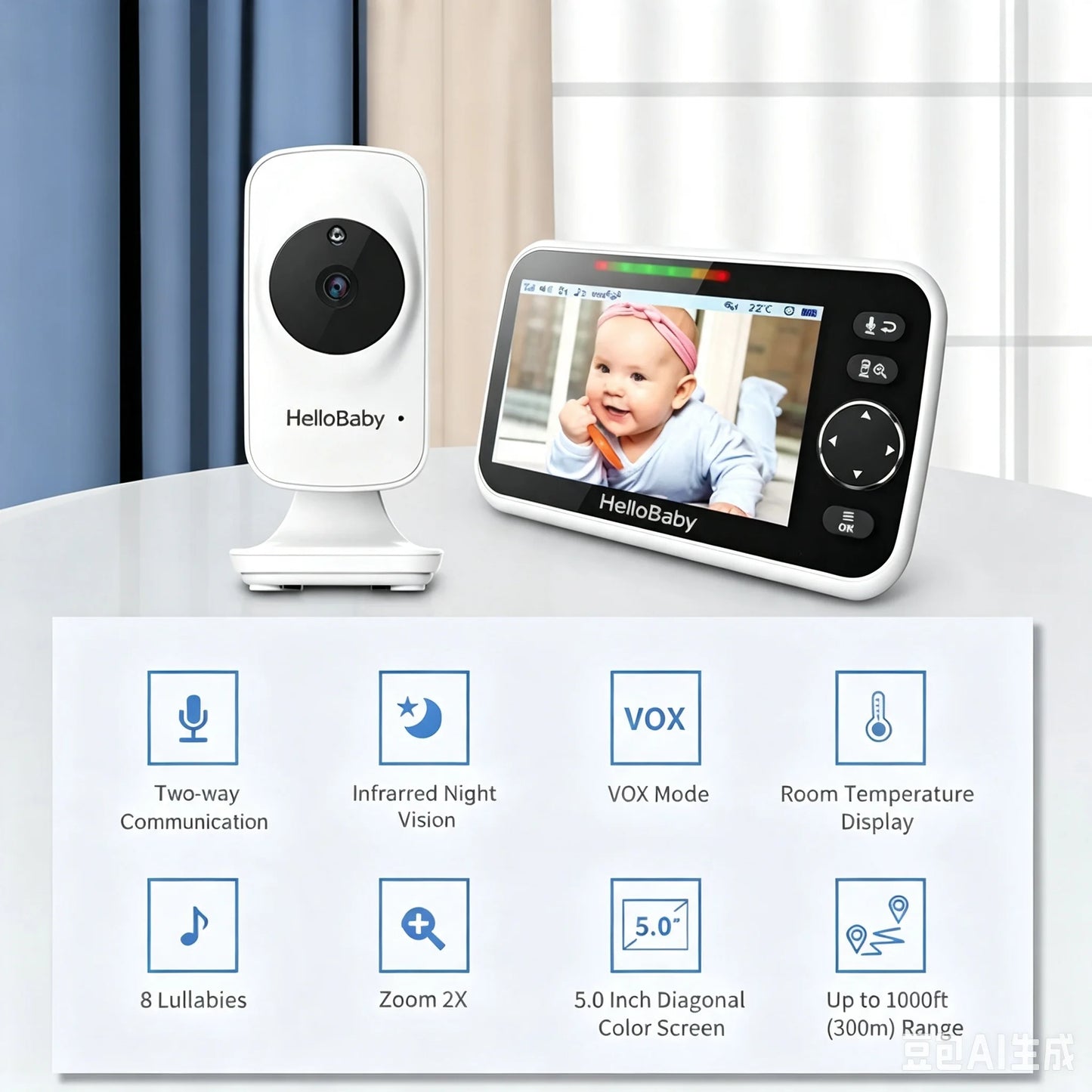 HelloBaby HB050 Baby Monitor, 5.0'' Diagonal Color Screen, Two-way Talk, Crying Detection, Infrared Night Vision, Temperature Detection, 2x Digital Zoom, Lullaby Playing