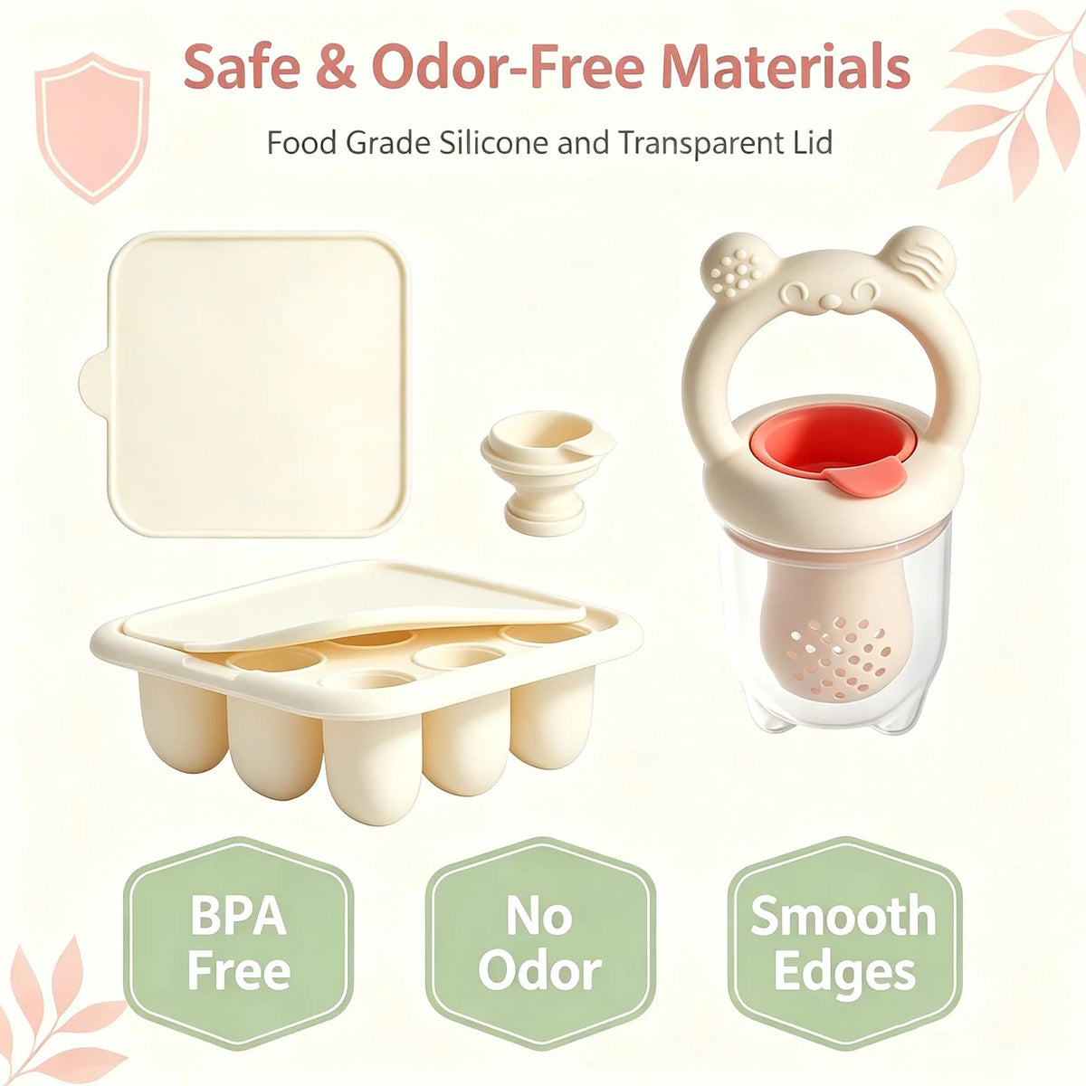 BPA Free Baby Fruit Feeder with Silicone Food Freezer Tray, Food Grade Teething Pacifier Self‑Feeding Set, 3 Colors Optional for Newborn Toddlers